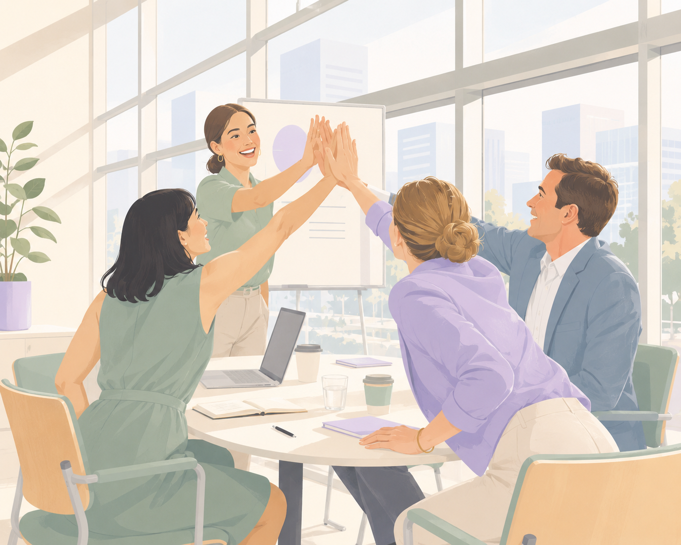 Team celebrating progress in a bright workplace